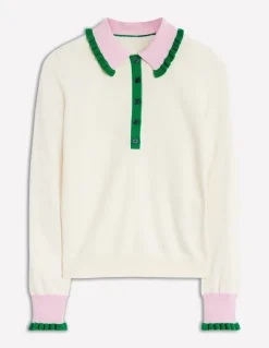 Frilled Cotton Blend Sweater-Warm Ivory/ Soft Lavender Pink-Boden Sale