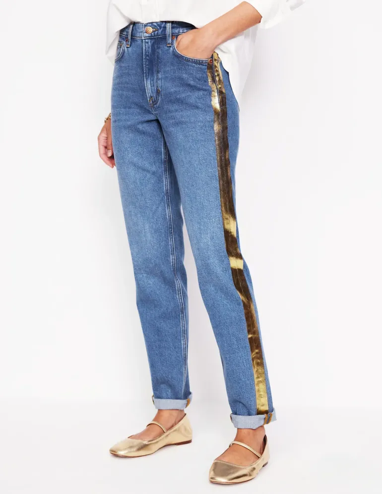 Girlfriend Jeans-Metallic Gold Side Stripe-Boden Store