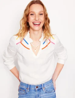 Grace Linen Top-White, Multi Stitch-Boden Cheap