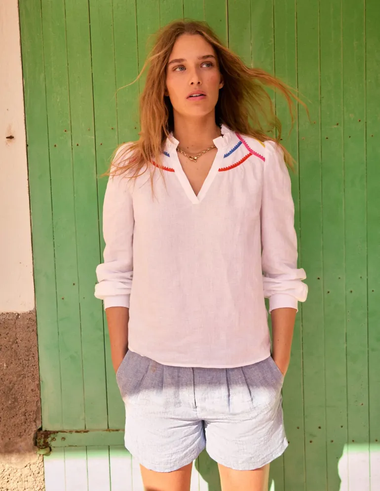 Grace Linen Top-White, Multi Stitch-Boden Cheap