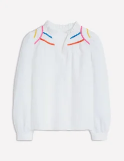 Grace Linen Top-White, Multi Stitch-Boden Cheap