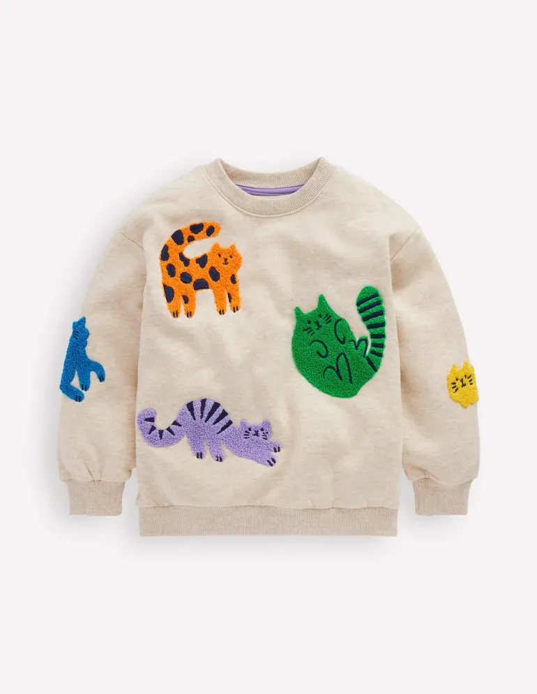 Graphic Boucle Sweatshirt-Oatmeal Marl Cats-Boden Outlet