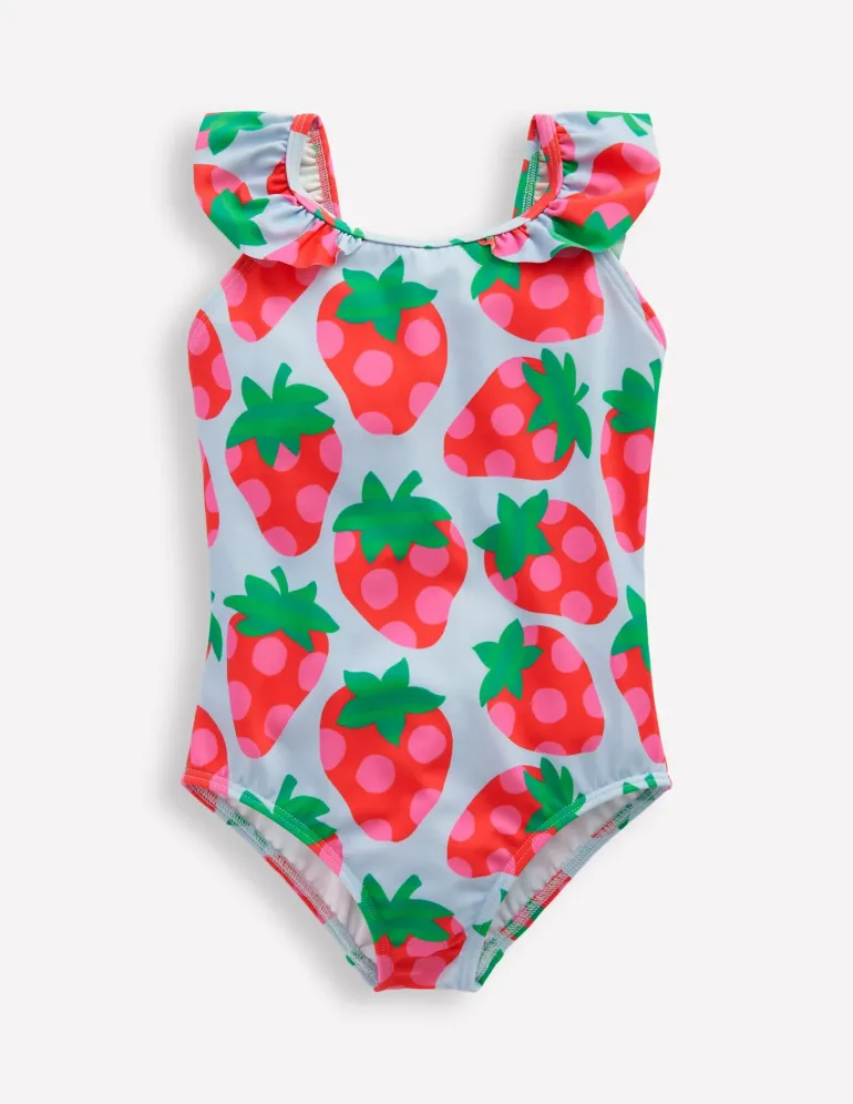 Hallie Frill Strap Swimsuit-Misty Blue Strawberry-Boden Flash Sale