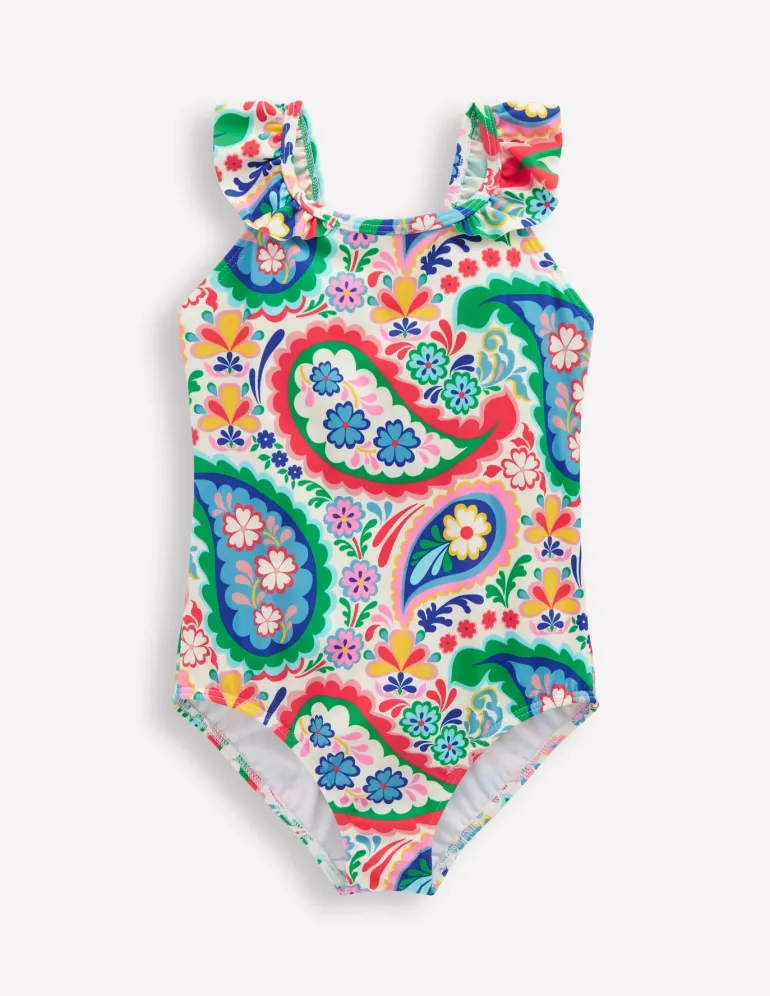 Hallie Frill Strap Swimsuit-Ivory Paisley-Boden Discount