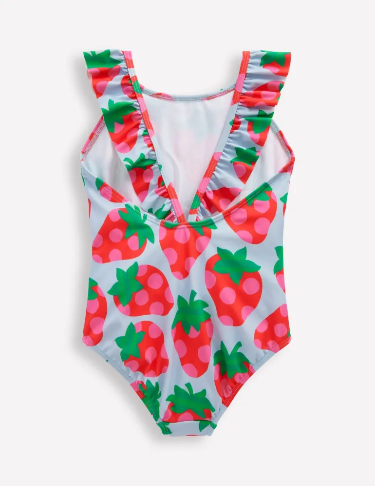 Hallie Frill Strap Swimsuit-Misty Blue Strawberry-Boden Flash Sale