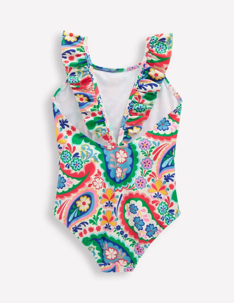 Hallie Frill Strap Swimsuit-Ivory Paisley-Boden Discount