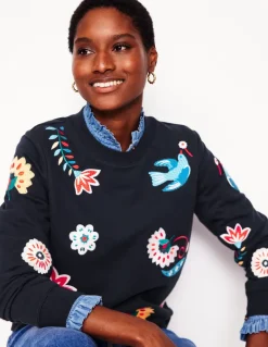 Hannah Embroidered Sweatshirt-Navy, Conversational-Boden Online