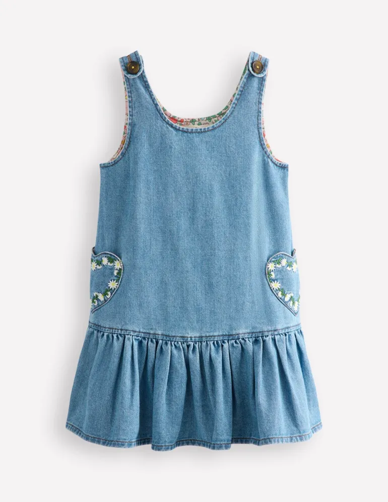 Heart Pocket Pinafore Dress-Mid Vintage Denim Daisies-Boden Cheap