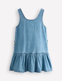 Heart Pocket Pinafore Dress-Mid Vintage Denim Daisies-Boden Cheap