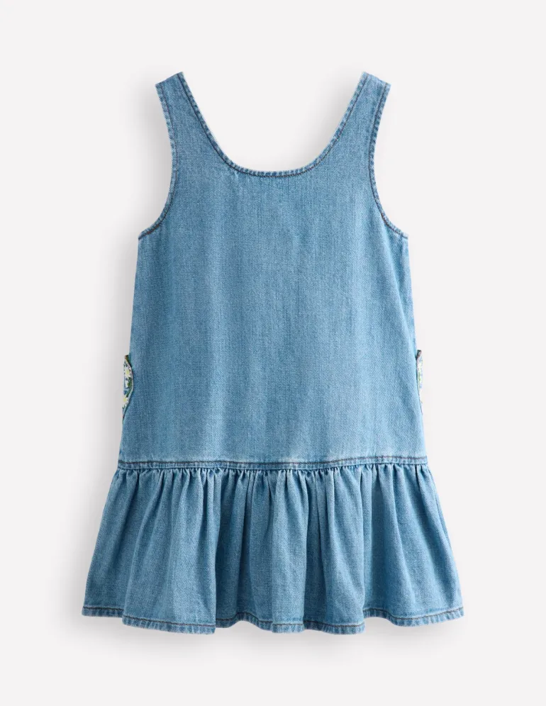 Heart Pocket Pinafore Dress-Mid Vintage Denim Daisies-Boden Cheap