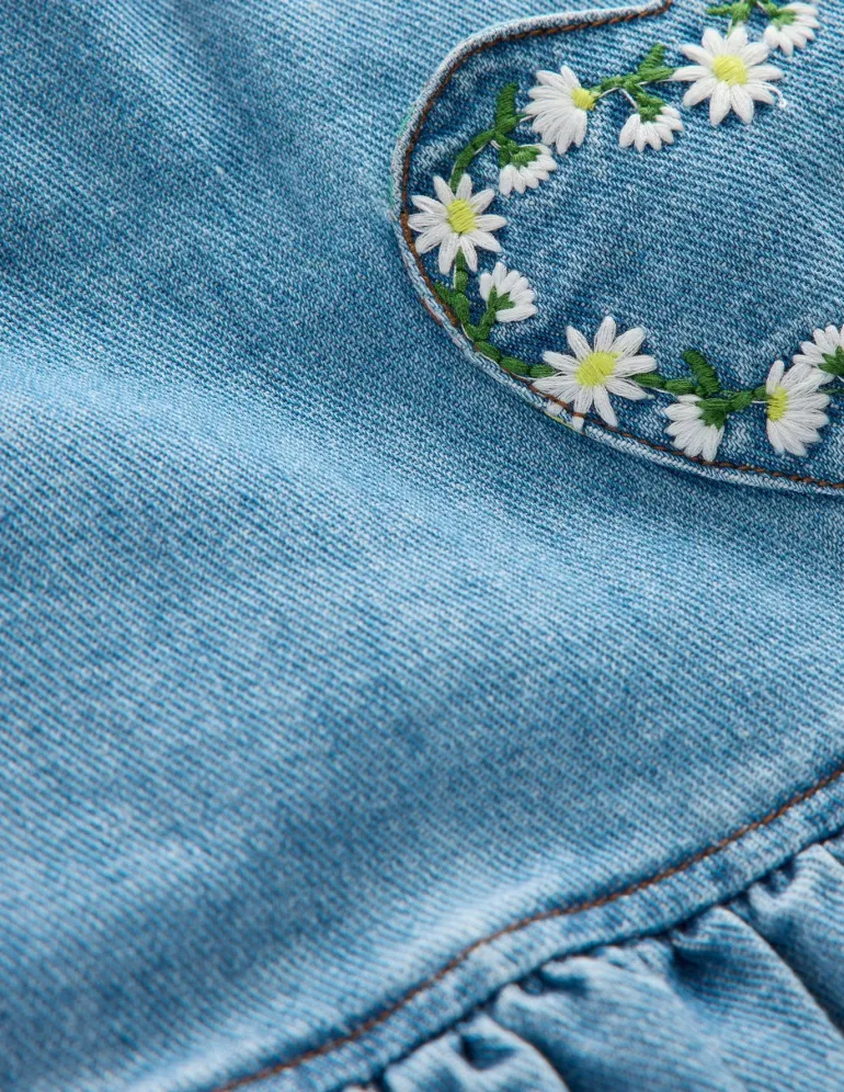 Heart Pocket Pinafore Dress-Mid Vintage Denim Daisies-Boden Cheap