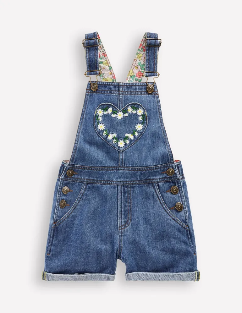 Heart Pocket Short Dungarees-Vintage Embroidered Daisy-Boden Clearance