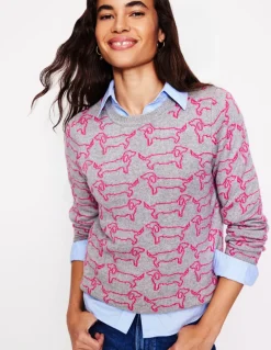 Heather Jacquard Sweater-Grey Marl, Pink Sausage Dog-Boden Outlet