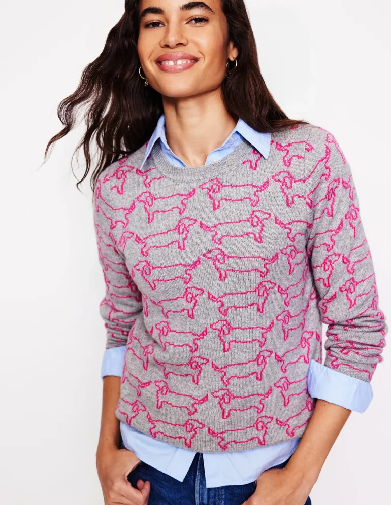 Heather Jacquard Sweater-Grey Marl, Pink Sausage Dog-Boden Outlet