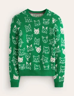 Heather Jacquard Sweater-Rich Emerald Green, Cats-Boden Hot