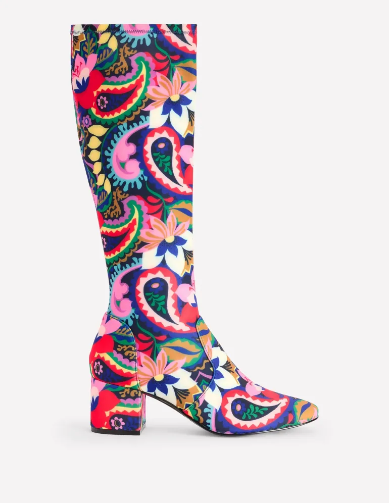 Heeled Stretch Knee Boots-Multi, Botanical Paisley-Boden Shop