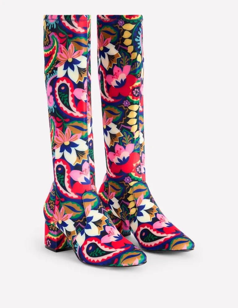 Heeled Stretch Knee Boots-Multi, Botanical Paisley-Boden Shop