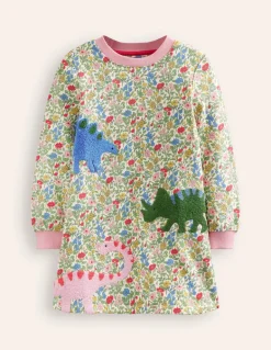 Ida Sweatshirt Appliqué Dress-Multi Meadow Floral Dinosaurs-Boden Fashion