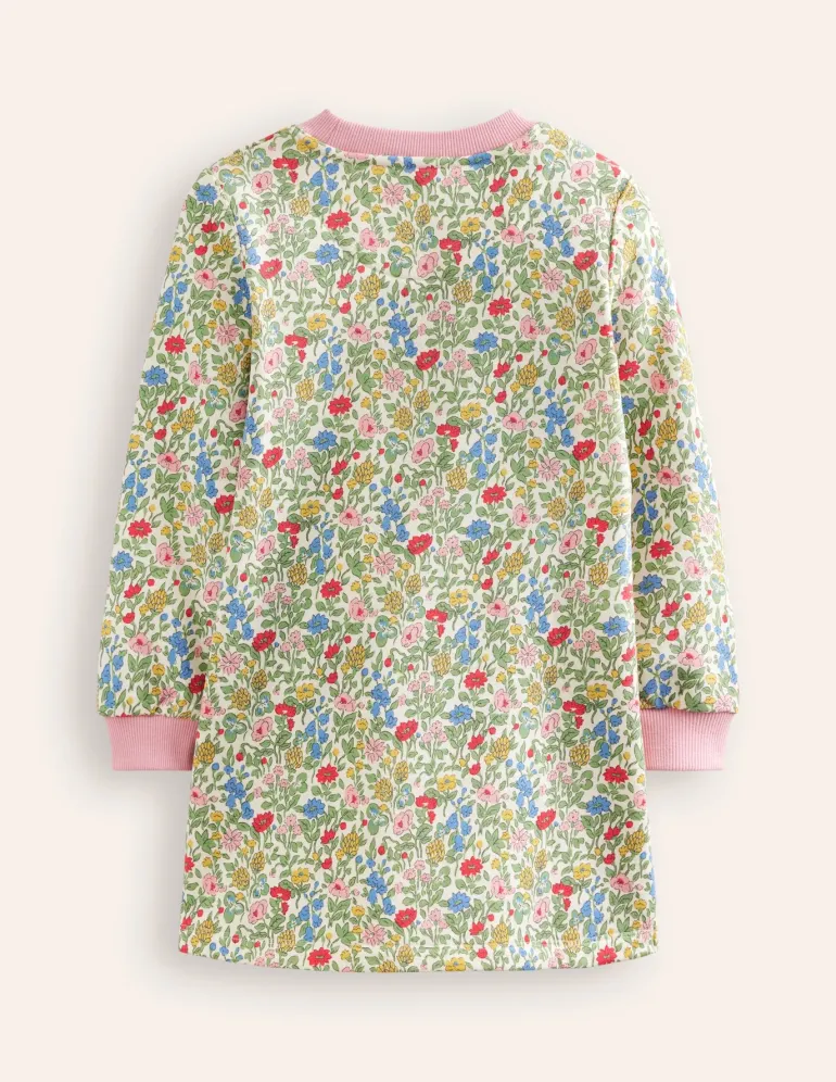 Ida Sweatshirt Appliqué Dress-Multi Meadow Floral Dinosaurs-Boden Fashion