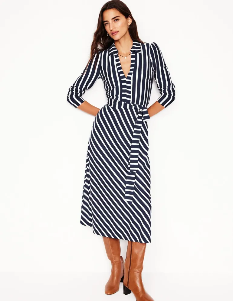 Imogen Collared Jersey Dress-French Navy and Ivory Stripe-Boden Store