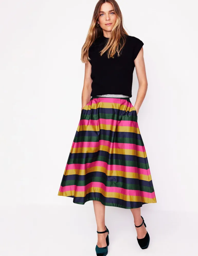 Isabella Cotton Sateen Skirt-Pine, Multi Stripe-Boden Clearance