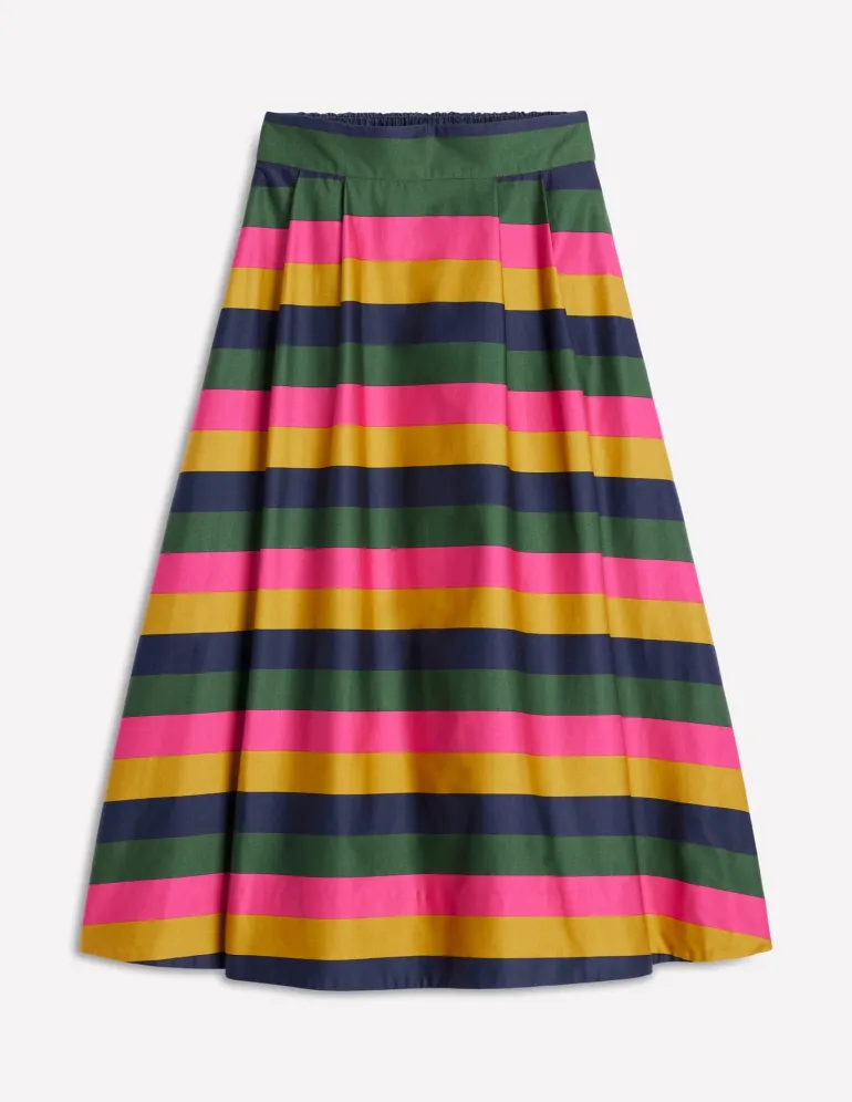 Isabella Cotton Sateen Skirt-Pine, Multi Stripe-Boden Clearance