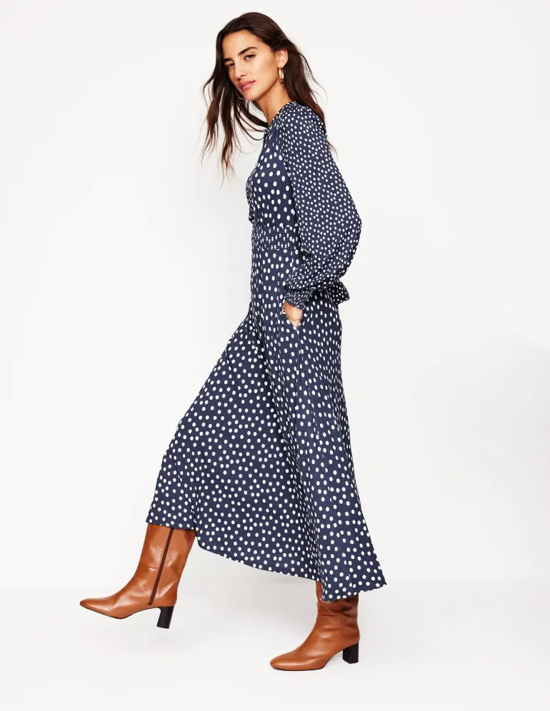 Ivy Smocked Midi Dress-College Navy, Abstract Dot-Boden Store