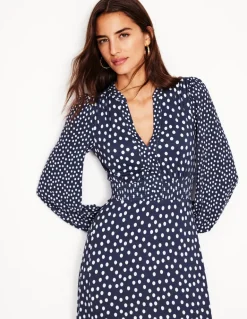 Ivy Smocked Midi Dress-College Navy, Abstract Dot-Boden Store