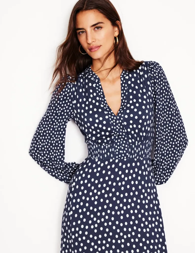 Ivy Smocked Midi Dress-College Navy, Abstract Dot-Boden Store