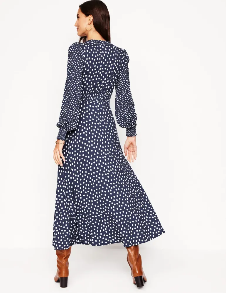 Ivy Smocked Midi Dress-College Navy, Abstract Dot-Boden Store