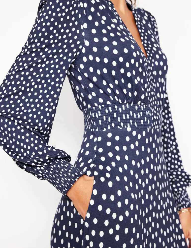 Ivy Smocked Midi Dress-College Navy, Abstract Dot-Boden Store