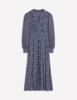 Ivy Smocked Midi Dress-College Navy, Abstract Dot-Boden Store