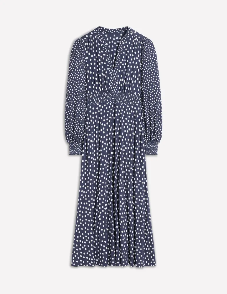 Ivy Smocked Midi Dress-College Navy, Abstract Dot-Boden Store