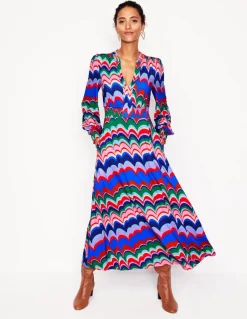 Ivy Smocked Midi Dress-Multi, Abstract Wave-Boden Store
