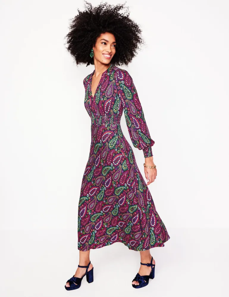 Ivy Smocked Midi Dress-Multi, Illustrated Paisley-Boden Flash Sale