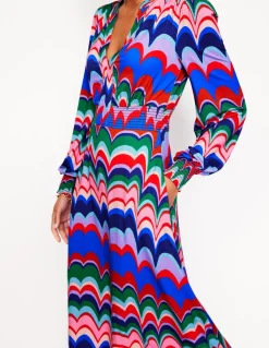 Ivy Smocked Midi Dress-Multi, Abstract Wave-Boden Store
