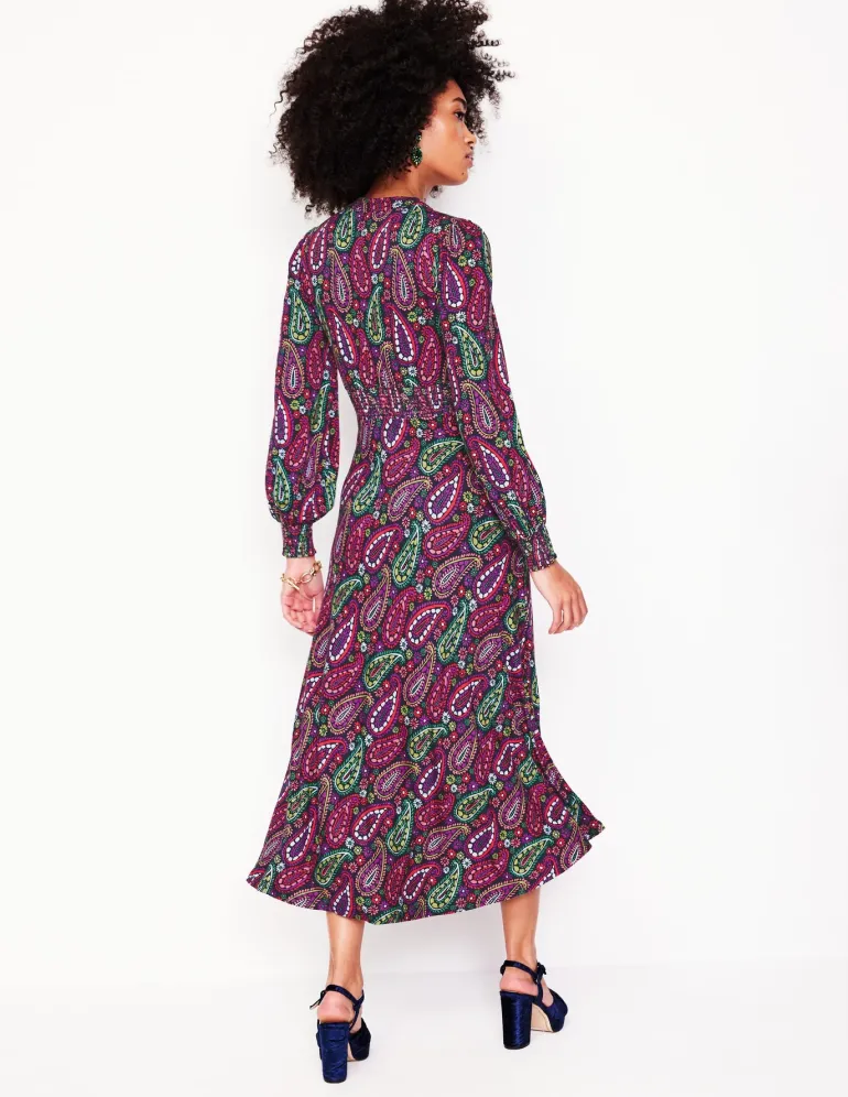 Ivy Smocked Midi Dress-Multi, Illustrated Paisley-Boden Flash Sale
