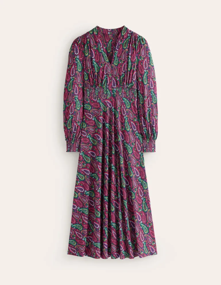 Ivy Smocked Midi Dress-Multi, Illustrated Paisley-Boden Flash Sale
