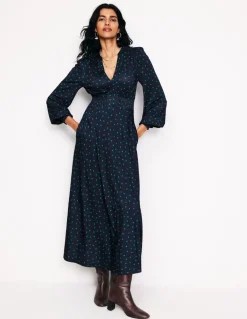 Ivy Smocked Midi Dress-Navy, Sparse Spot-Boden Flash Sale