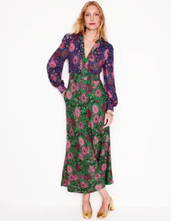 Ivy Smocked Midi Dress-Rich Emerald, Ornate Bud-Boden New