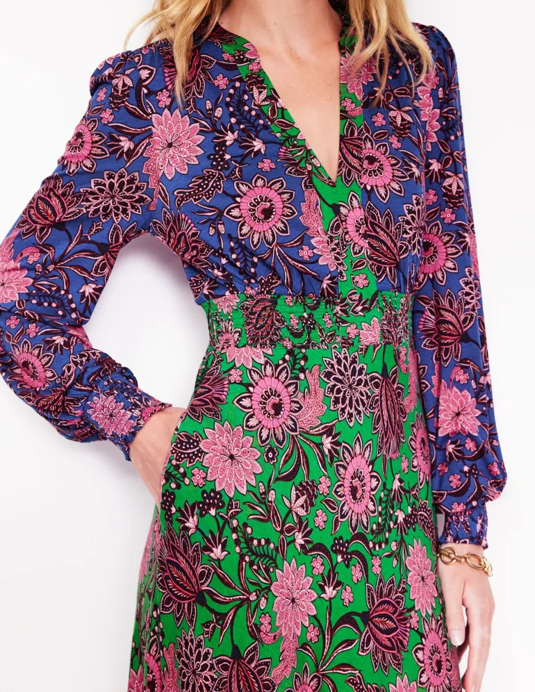 Ivy Smocked Midi Dress-Rich Emerald, Ornate Bud-Boden New