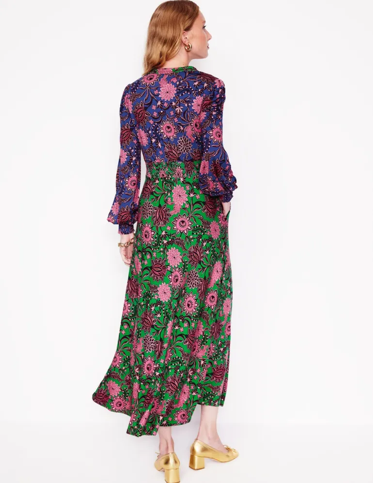 Ivy Smocked Midi Dress-Rich Emerald, Ornate Bud-Boden New