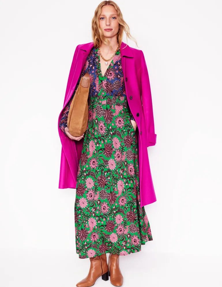 Ivy Smocked Midi Dress-Rich Emerald, Ornate Bud-Boden New