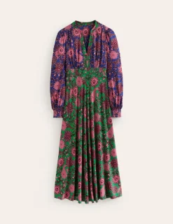 Ivy Smocked Midi Dress-Rich Emerald, Ornate Bud-Boden New