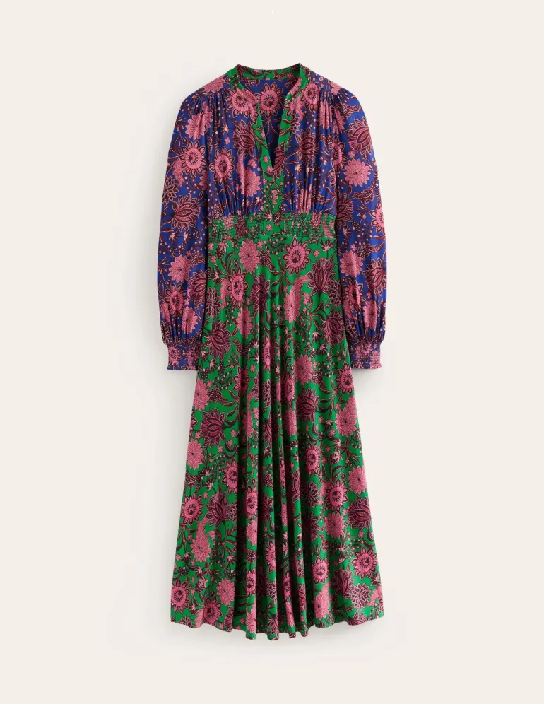 Ivy Smocked Midi Dress-Rich Emerald, Ornate Bud-Boden New