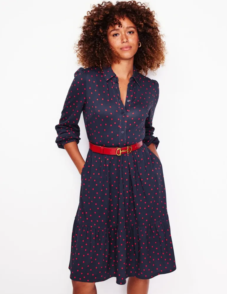 Jemima Tiered Jersey Dress-Rouge, Sparse Spot-Boden Best