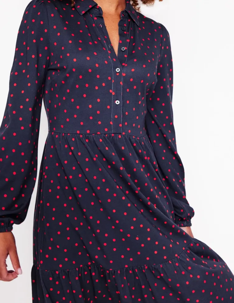 Jemima Tiered Jersey Dress-Rouge, Sparse Spot-Boden Best