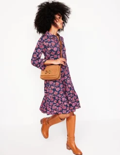 Jemima Tiered Jersey Dress-Navy, Floret Cascade-Boden Sale