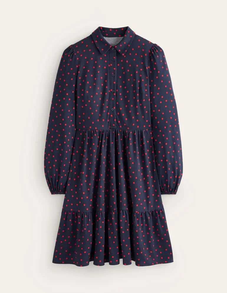 Jemima Tiered Jersey Dress-Rouge, Sparse Spot-Boden Best