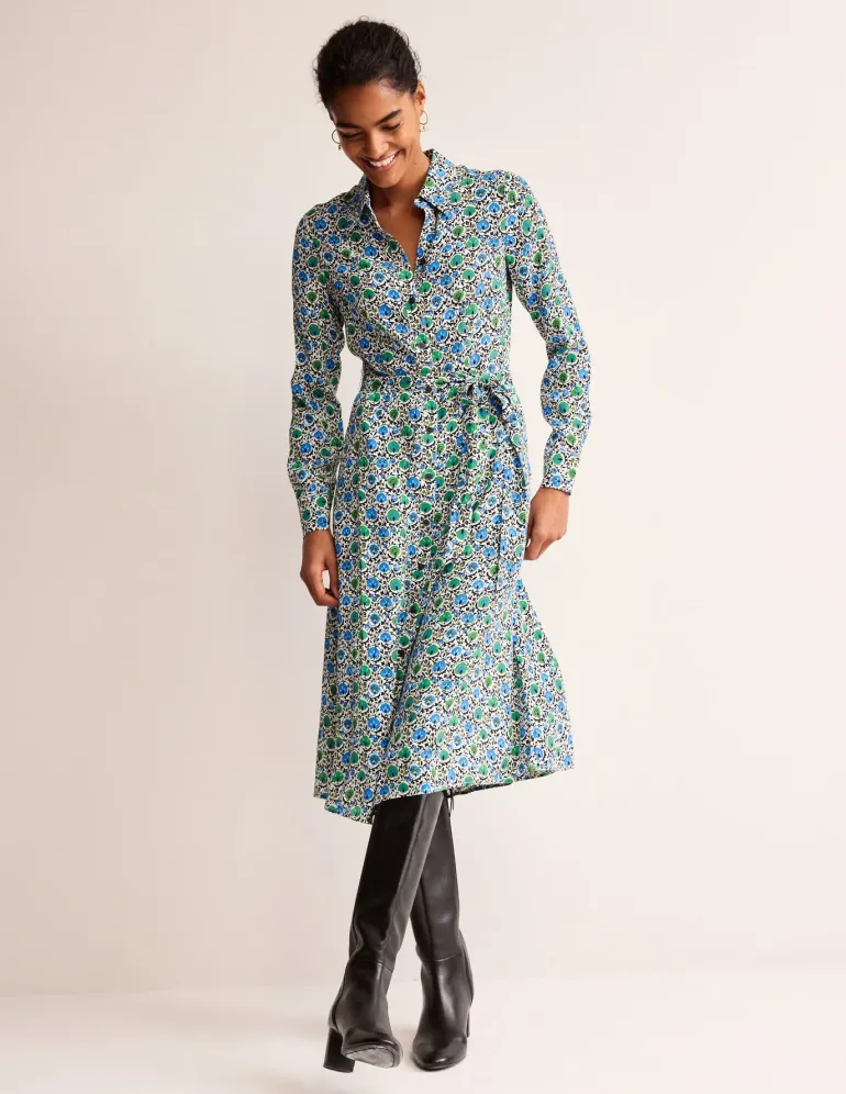 Kate Midi Shirt Dress-Aquamarine, Enchanting Bloom-Boden Best